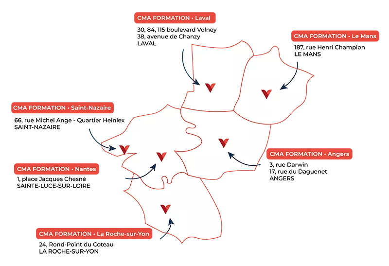 Carte des sites de Formation | CMA Formation | Nantes, Saint-Nazaire, Angers, Laval, Le mans, La Roche-sur-Yon